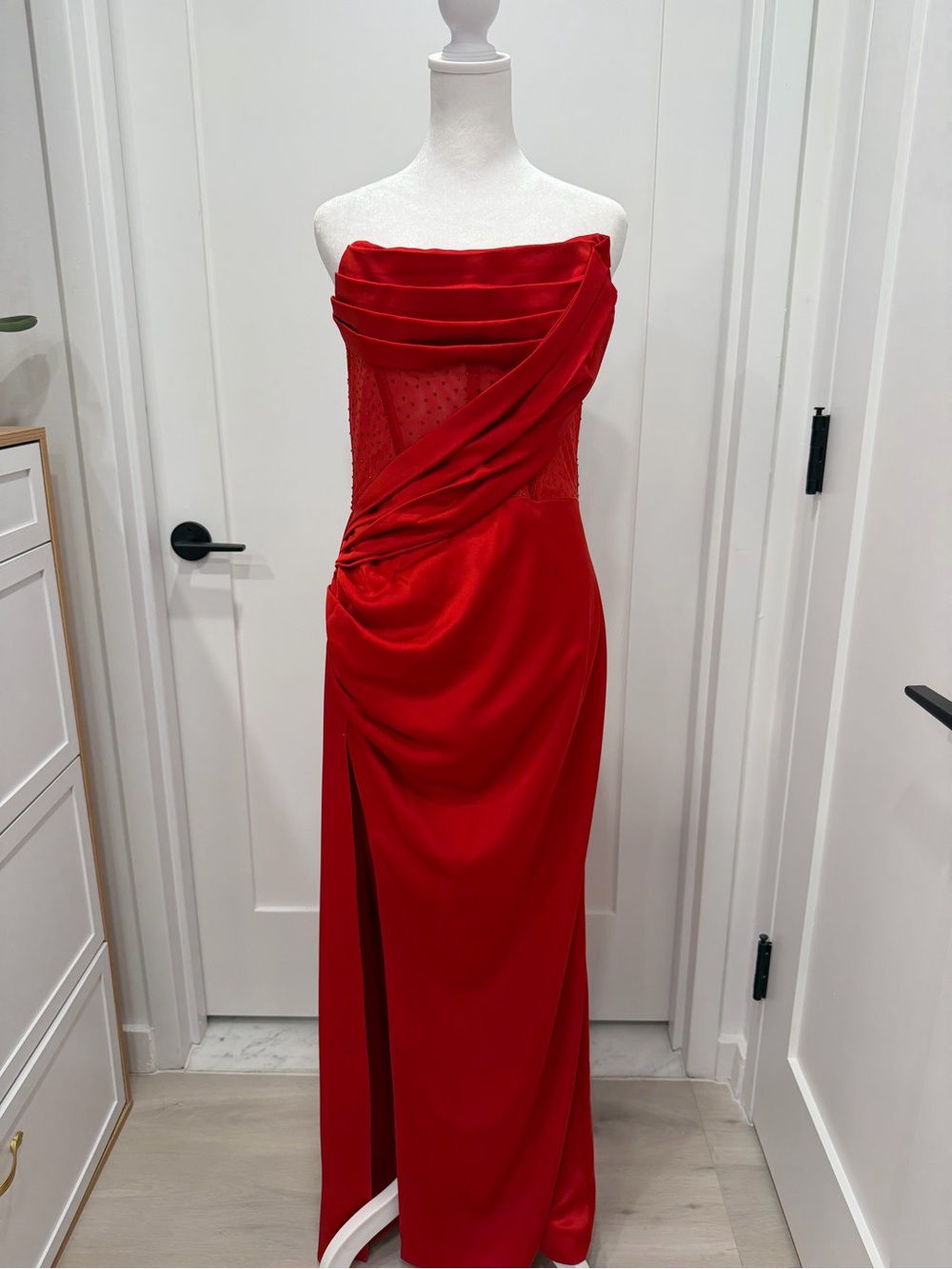 Strapless Red Satin Evening Dress